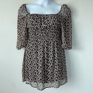 Trixxi Floral Black Sheer Smock Square‎ Neckline Mini Dress Medium Cottagecore